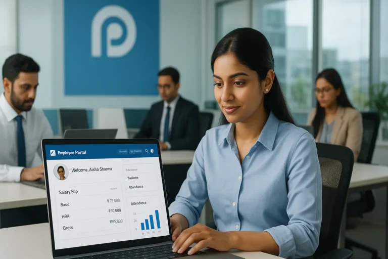 Reliance RConnect employee portal on laptop screen showing payroll and attendance features in a modern office environment